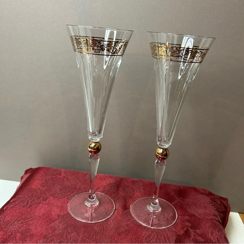 Vintage Godiva Millenium Crystal Champagne Flutes glasses 10.25” France-Set of 2